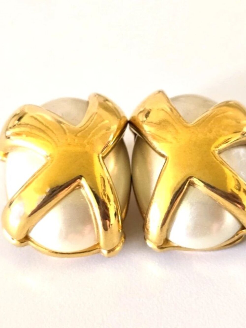 Vintage signed signed KJL Kenneth Lane Clip On Earrings Faux Pearl Gold Tone